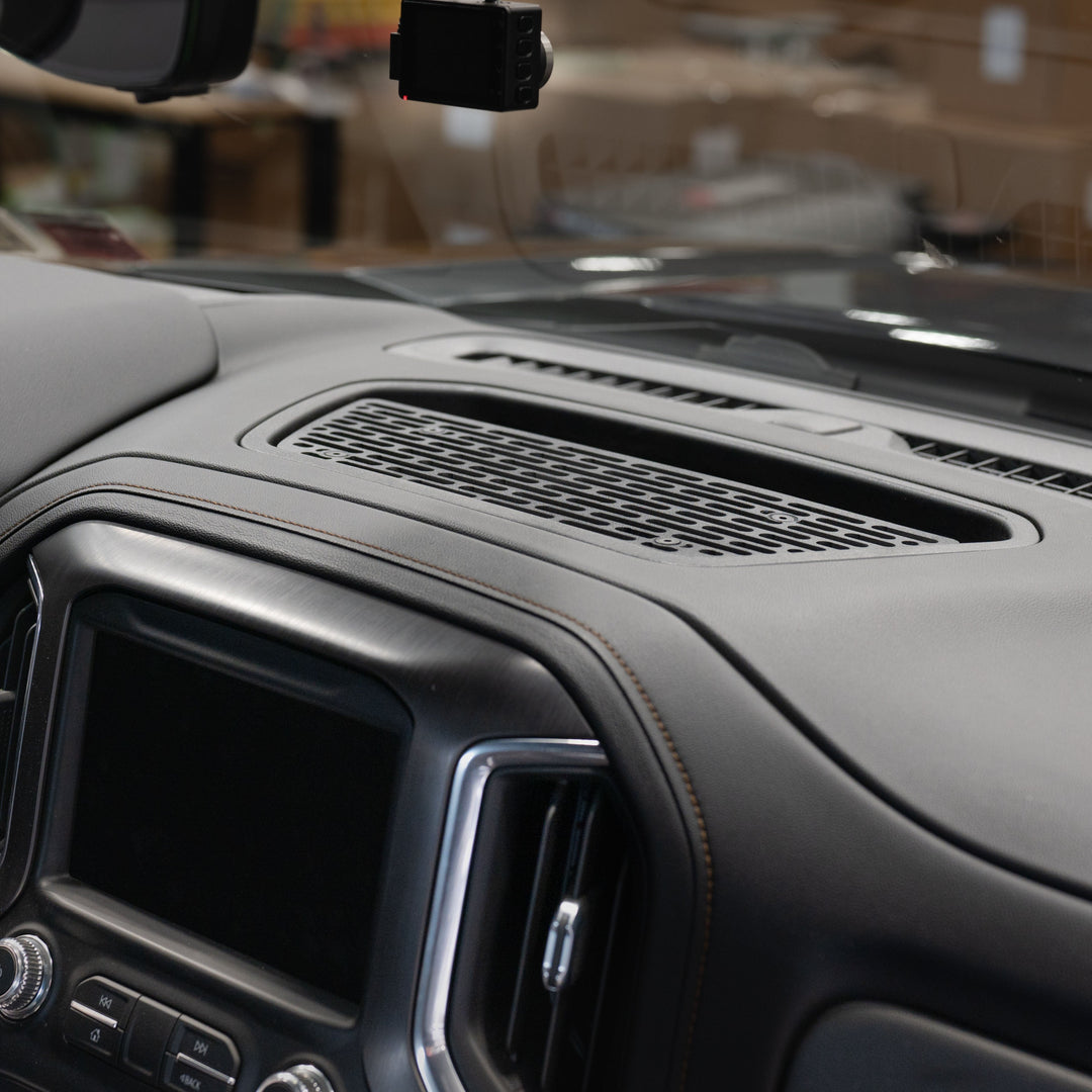 Mountech dash mount installed in the large cubby of a Chevrolet Silverado