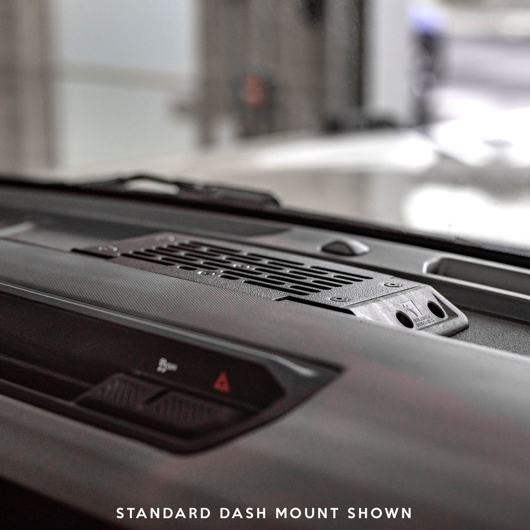 Mountech steel dash mount plate installed in place of the Ford Bronco Accessory Ready bracket